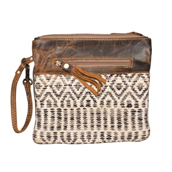 MYRA BAG $49 Woven Wristlet Clutch Boho Aztec Pattern Distressed Leather 9 X 8.5 - Picture 1 of 4
